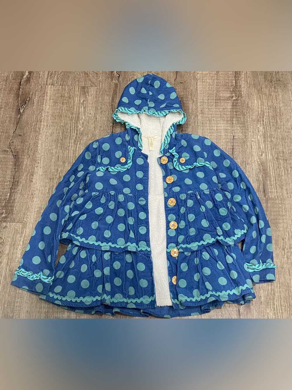 Matilda Jane Girls Size 12 Hooded Sherpa Lined Polka Dot Corduroy Jacket Blue